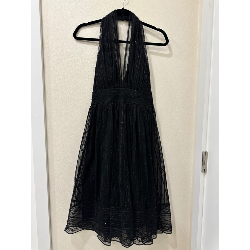 Black Sequin Mesh Halter Deep V-Neck Cocktail Dress Silk Blend Whimsy goth